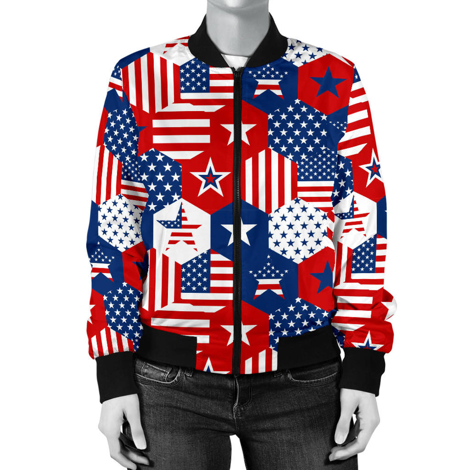 USA Star Hexagon Pattern Women Bomber Jacket