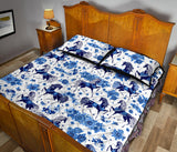 Horse Flower Blue Theme Pattern Quilt Bed Set