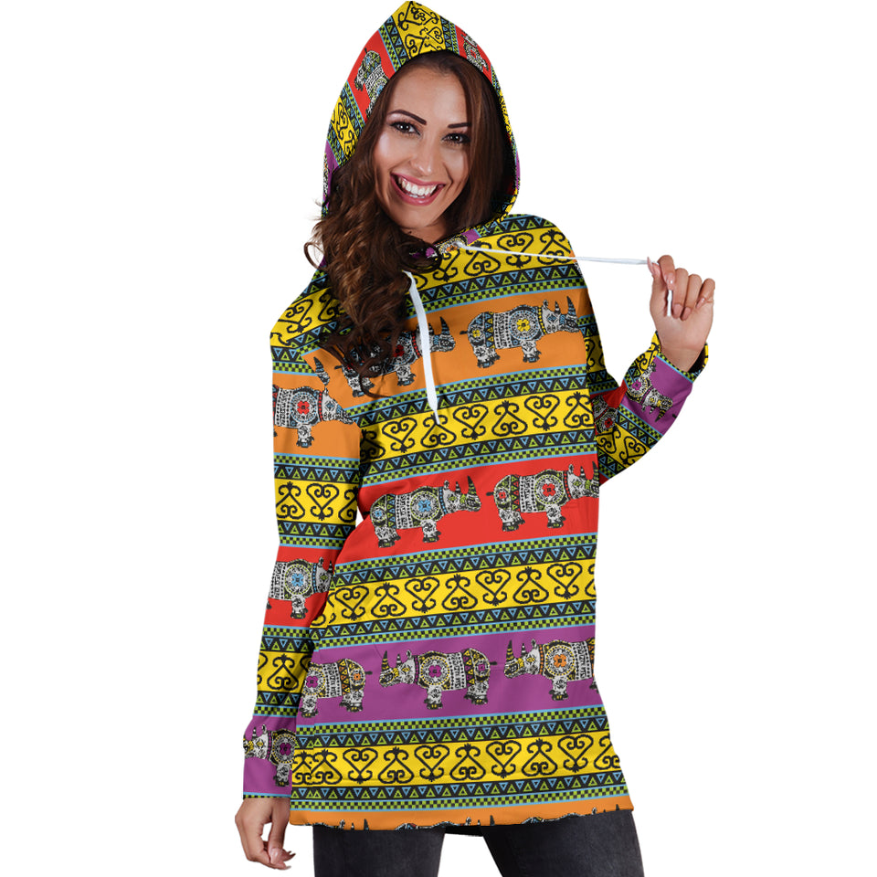 Rhino African Afro Dashiki Adinkra Kente Pattern Ethnic Motifs Women Hoodie Dress