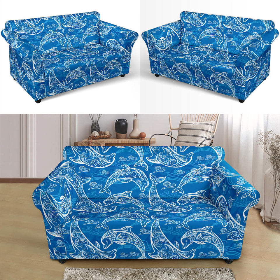 Dolphin Tribal Blue Pattern  Loveseat Couch Slipcover