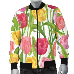 Pink Red Yellow Tulip Pattern Men Bomber Jacket