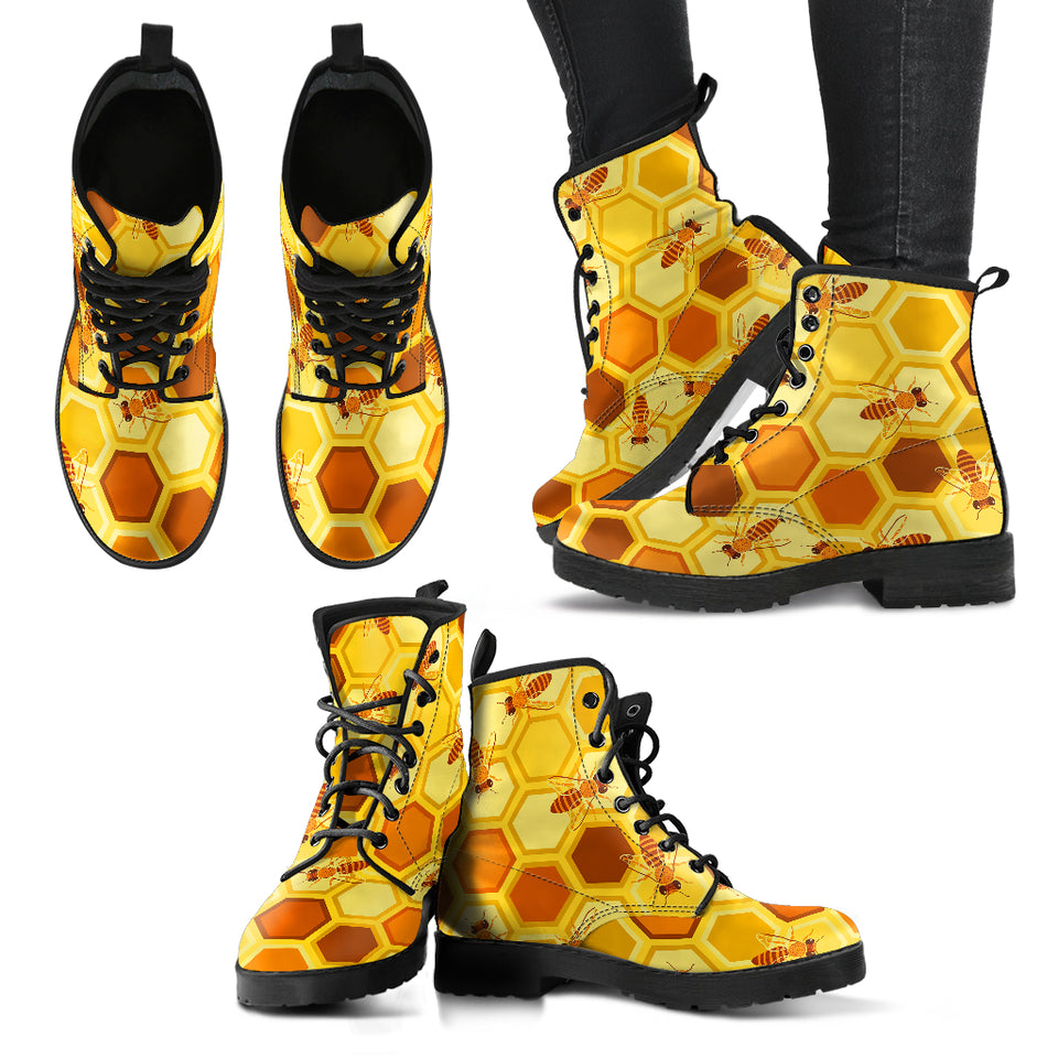 Bee and Honeycomb Pattern Leather Boots