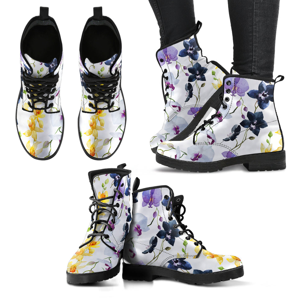 Orchid Pattern Background Leather Boots