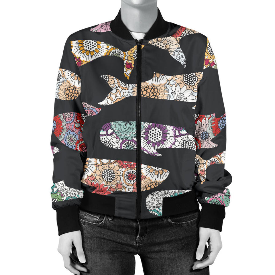 Whale Flower Tribal Pattern Women Bomber Jacket