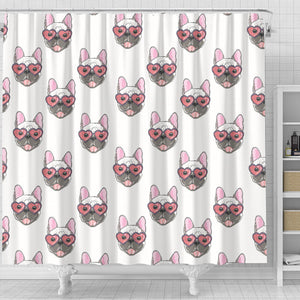 French Bulldog Heart Sunglass Pattern Shower Curtain Fulfilled In US