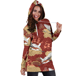 Japanese Crane Theme Pattern Women Hoodie Dress