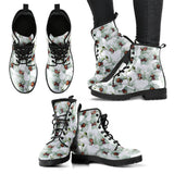 White Orchid Pattern Leather Boots