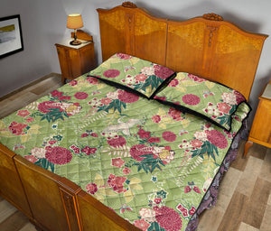 Japanese Crane Green Theme Pattern Quilt Bed Set