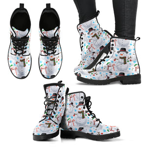 Snowman Pattern Background Leather Boots