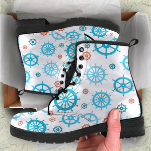 Nautical Steering Wheel Rudder Pattern Background Leather Boots