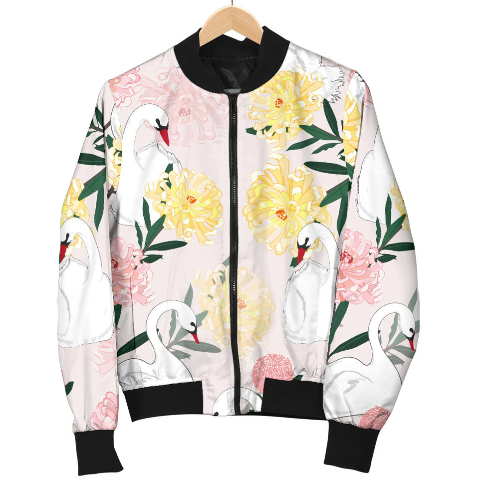 Swan Flower Pattern Women Bomber Jacket