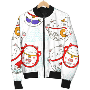 Meneki Neko Lucky Cat Pattern Women Bomber Jacket