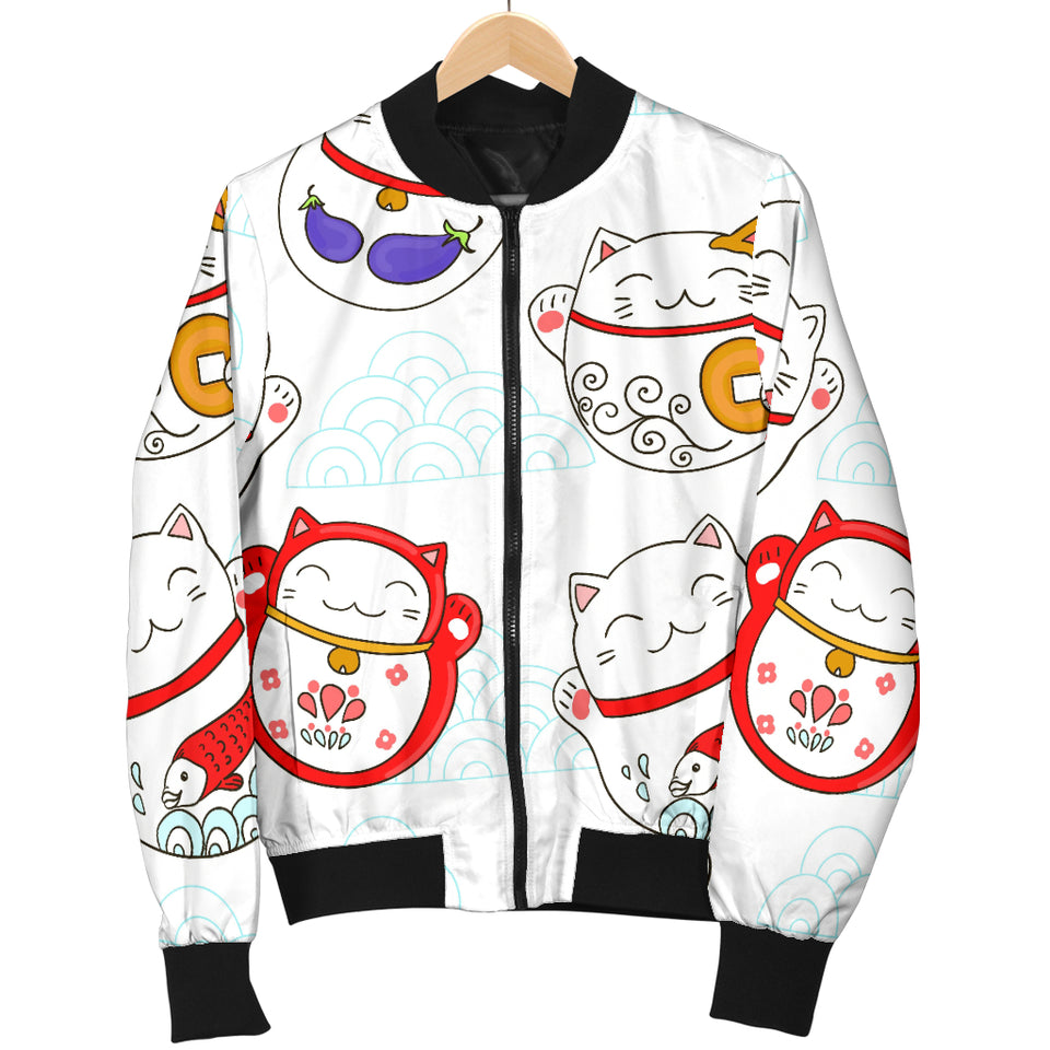 Meneki Neko Lucky Cat Pattern Women Bomber Jacket