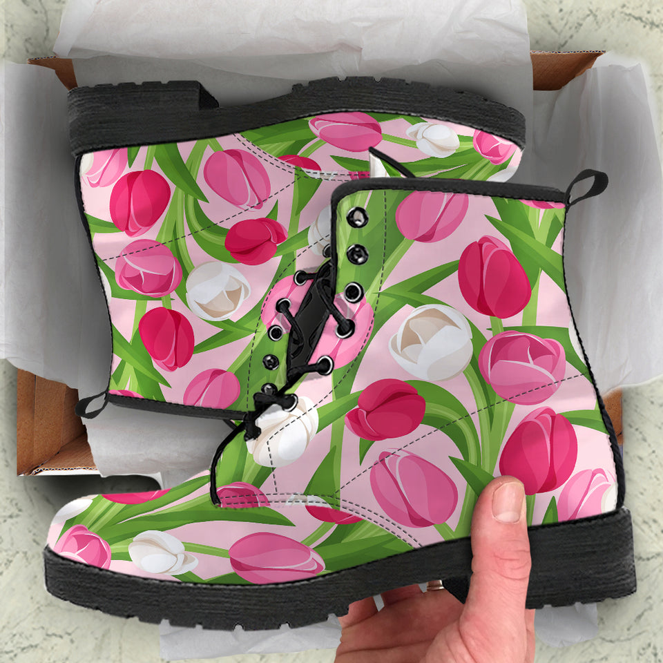 Pink White Tulip Pattern Leather Boots