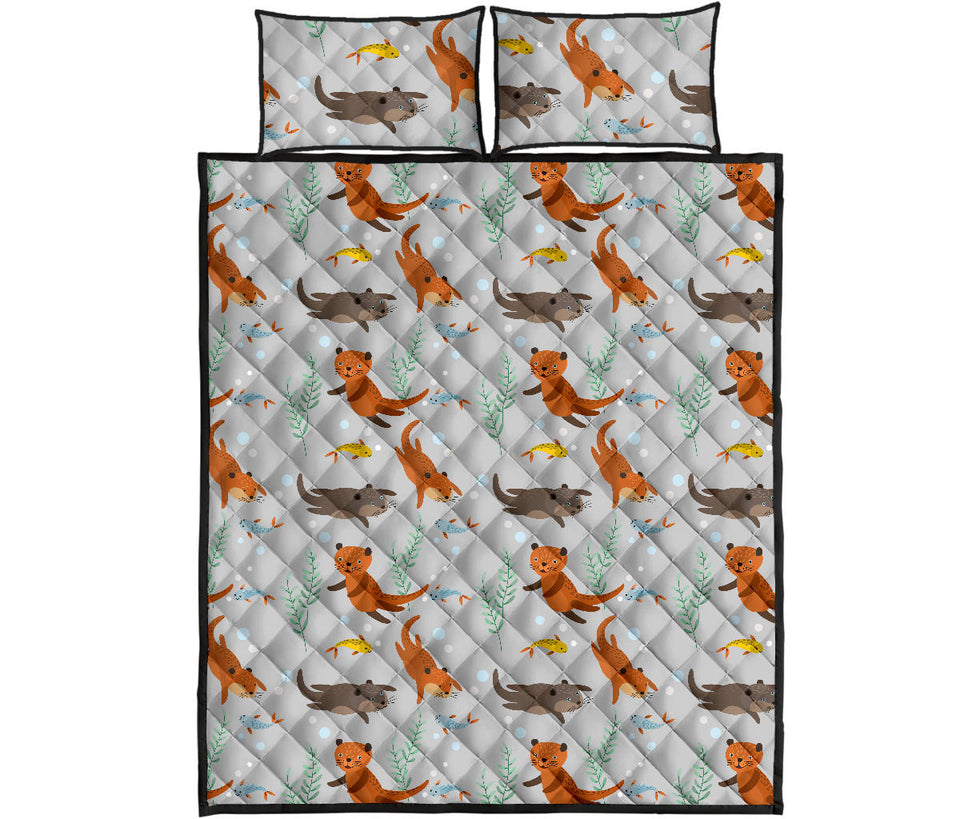 Swimming Fish Otter Pattern Quilt Bed Set