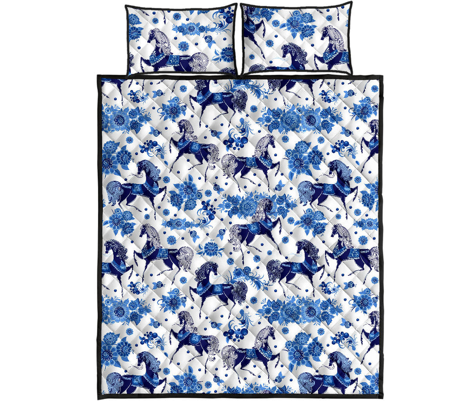 Horse Flower Blue Theme Pattern Quilt Bed Set