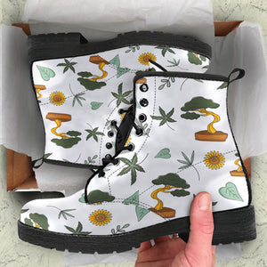 Bonsai Leaves Flower Pattern Leather Boots