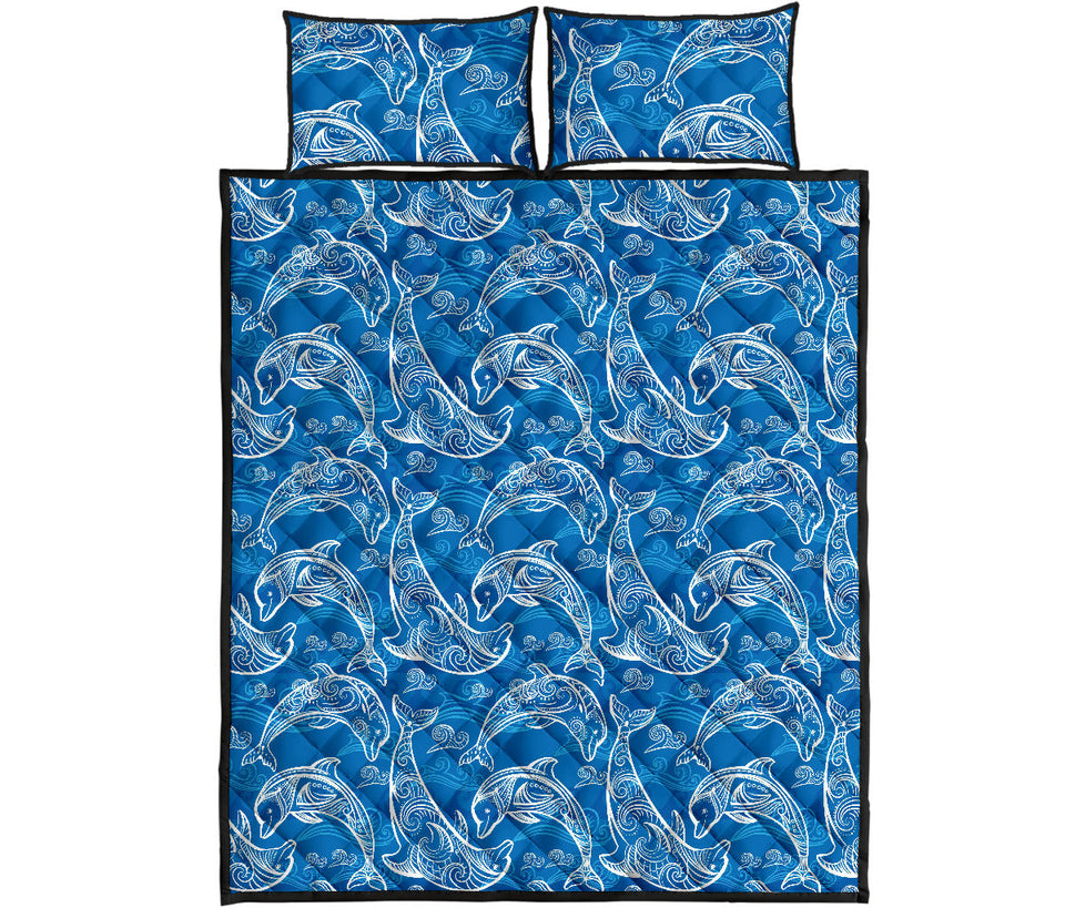 Dolphin Tribal Blue Pattern  Quilt Bed Set