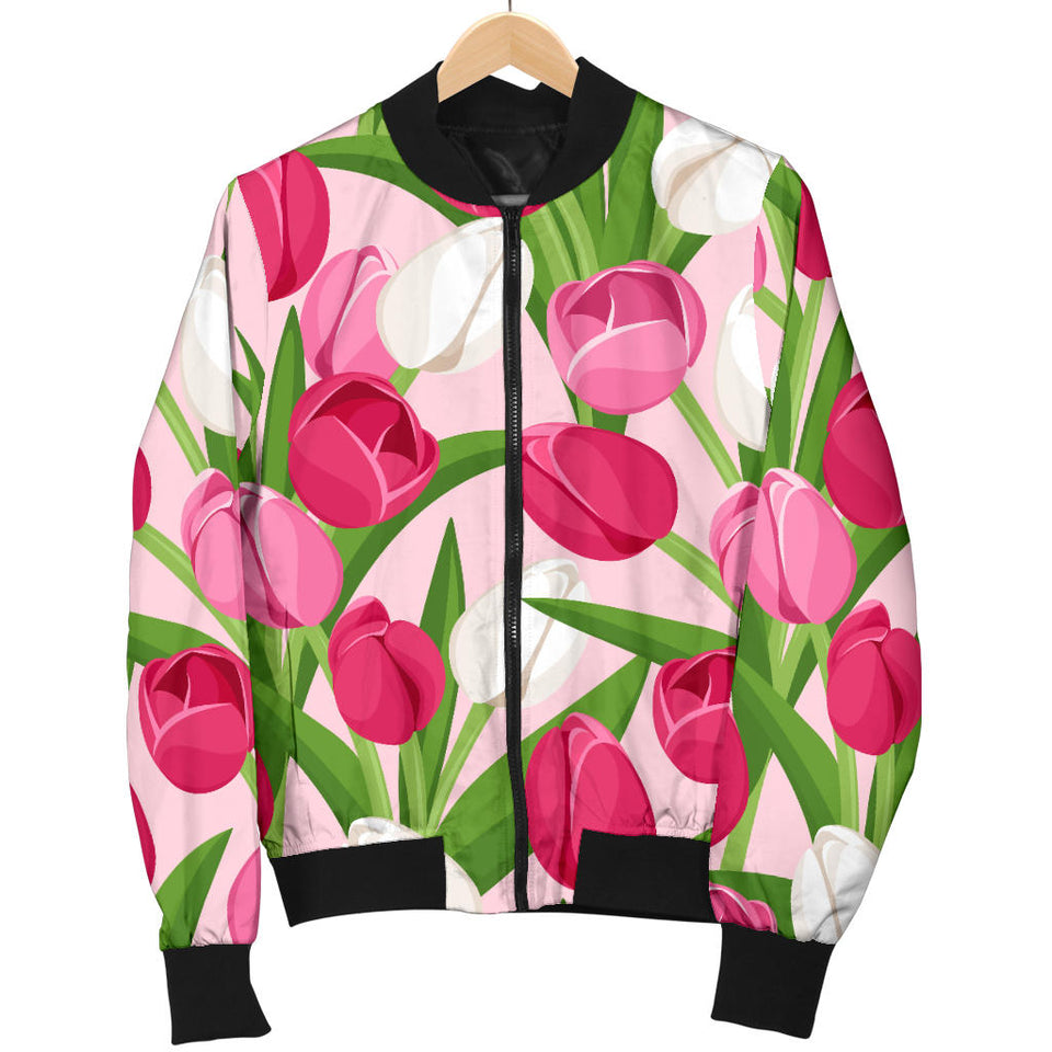 Pink White Tulip Pattern Men Bomber Jacket