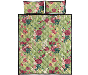 Japanese Crane Green Theme Pattern Quilt Bed Set