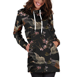 Japanese Crane Pattern Background Women Hoodie Dress