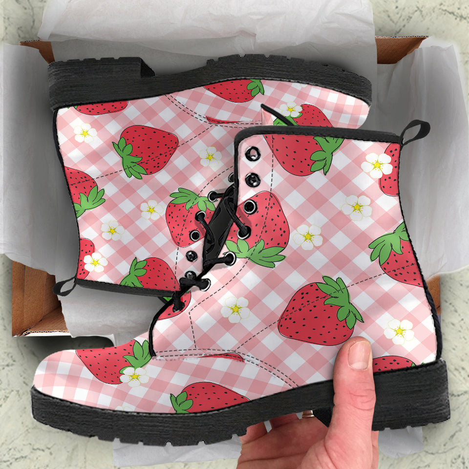 Strawberry Pattern Stripe Background Leather Boots