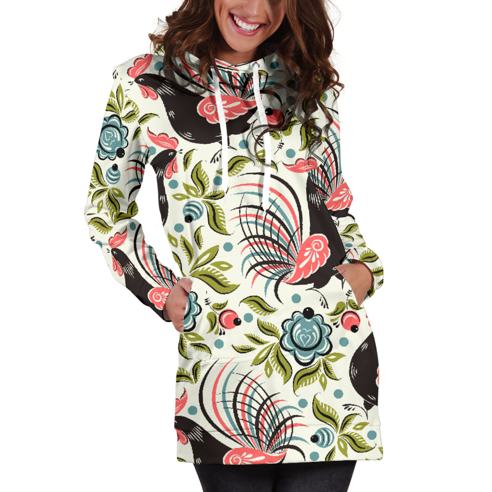 Rooster Chicken Leaves Pattern Women Hoodie Dress