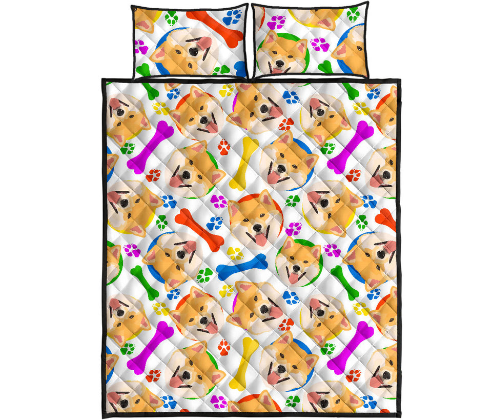 Shiba Inu Paw Bone Pattern Quilt Bed Set