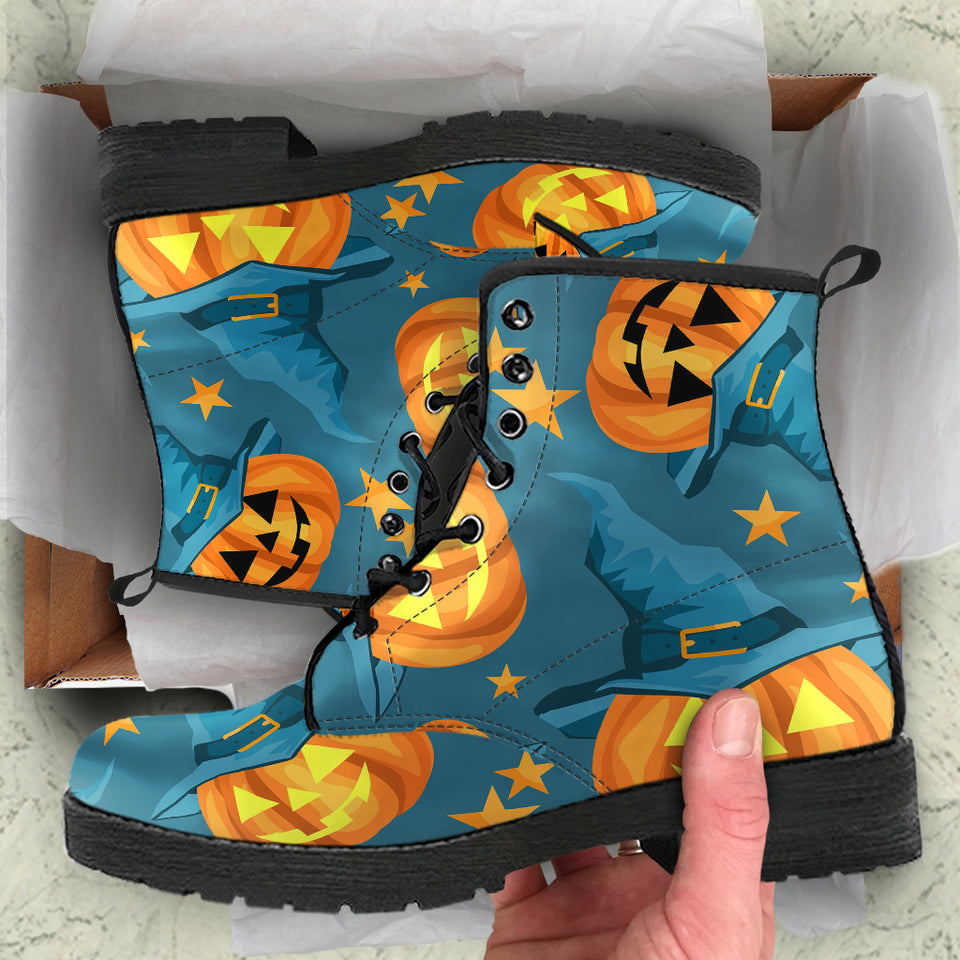 Halloween Pumpkin Witch Hat Pattern Leather Boots