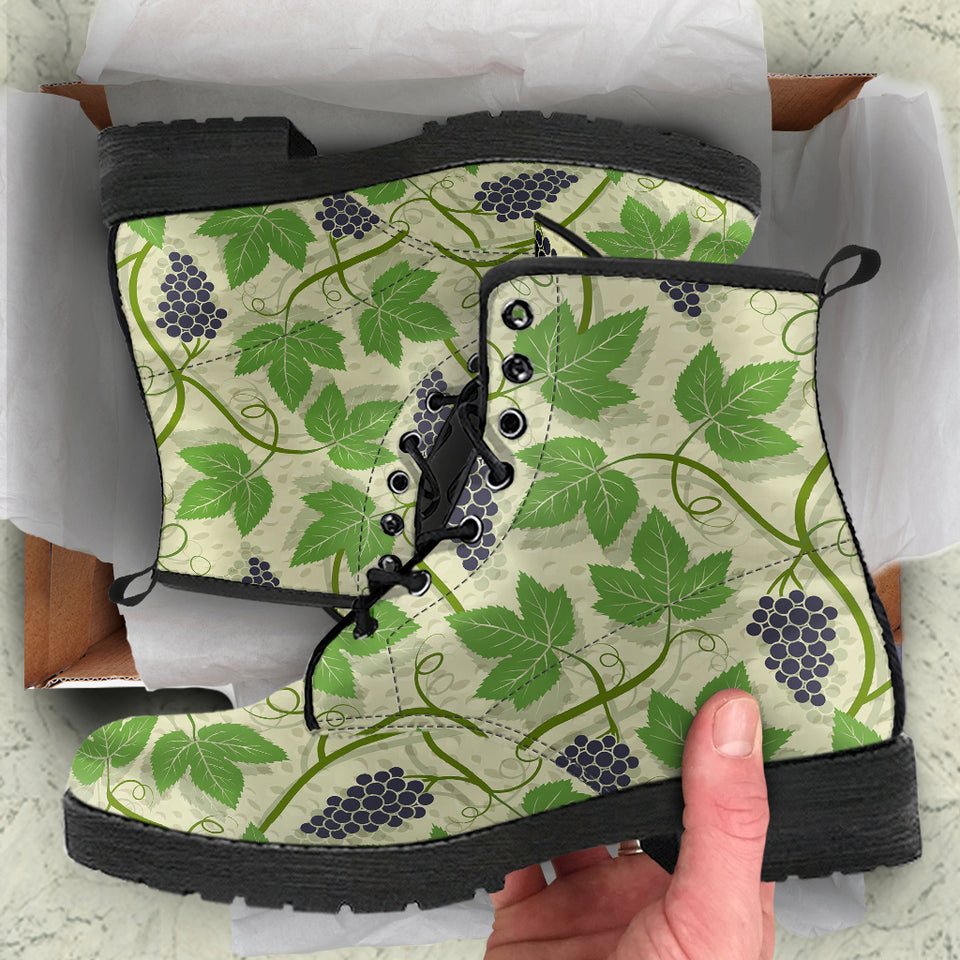 Grape Leaves Pattern Leather Boots