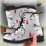 Penguin Christmas Tree Pattern Leather Boots