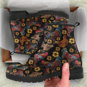 Rooster Chicken Flower Pattern Leather Boots