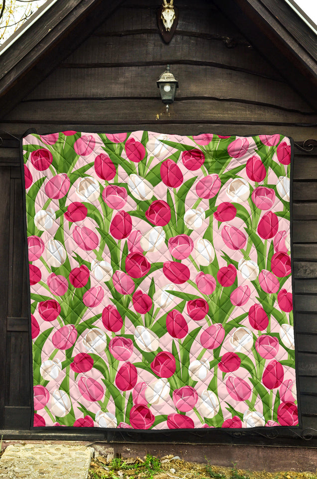 Pink White Tulip Pattern Premium Quilt