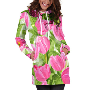 Pink Tulip Pattern Women Hoodie Dress