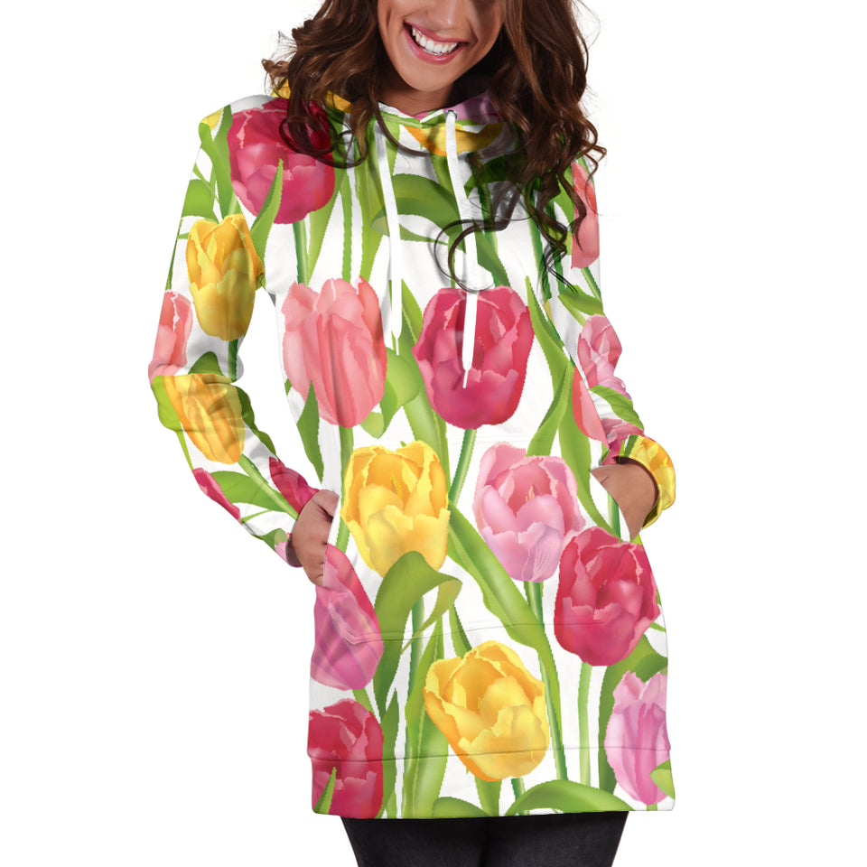 Pink Red Yellow Tulip Pattern Women Hoodie Dress