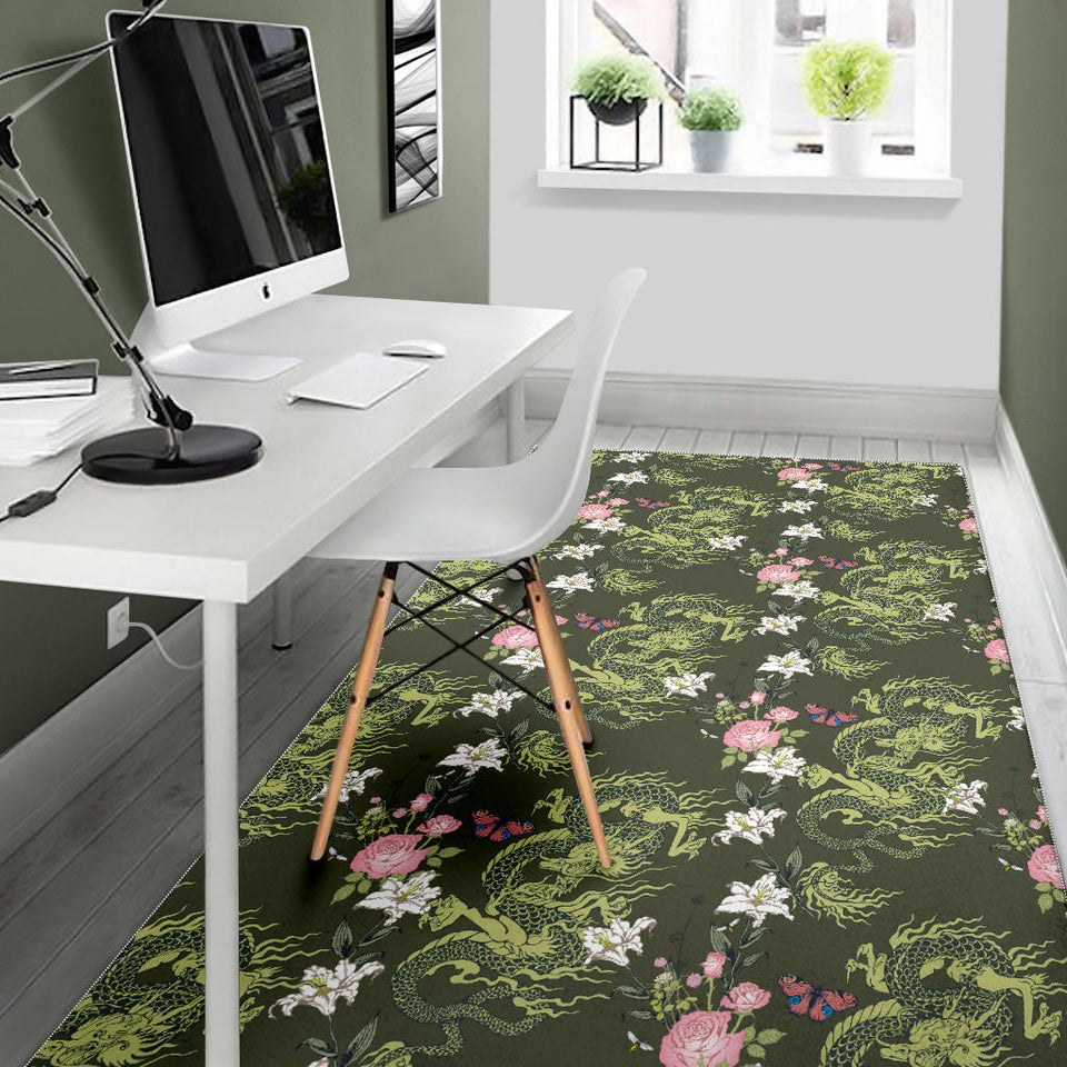 Green Dragon Rose Flower Pattern Area Rug