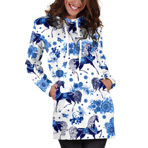 Horse Flower Blue Theme Pattern Women Hoodie Dress