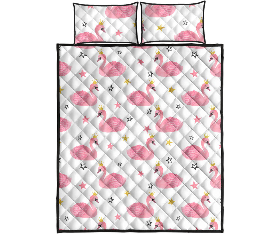 Pink Swan Pattern Quilt Bed Set