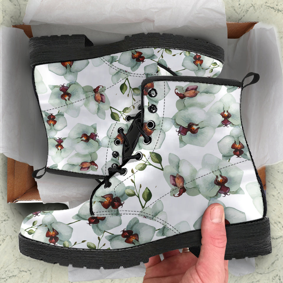 White Orchid Pattern Leather Boots