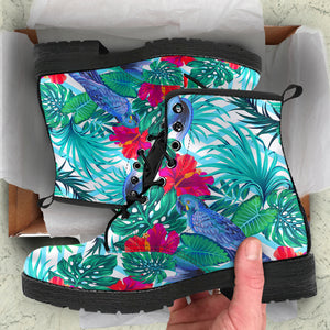Blue Parrot Hibiscus Pattern Leather Boots