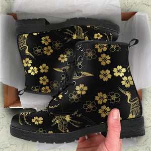 Gold Japanese Theme Pattern Leather Boots