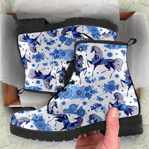 Horse Flower Blue Theme Pattern Leather Boots