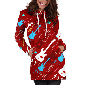 Electical Guitar Red Pattern Women Hoodie Dress