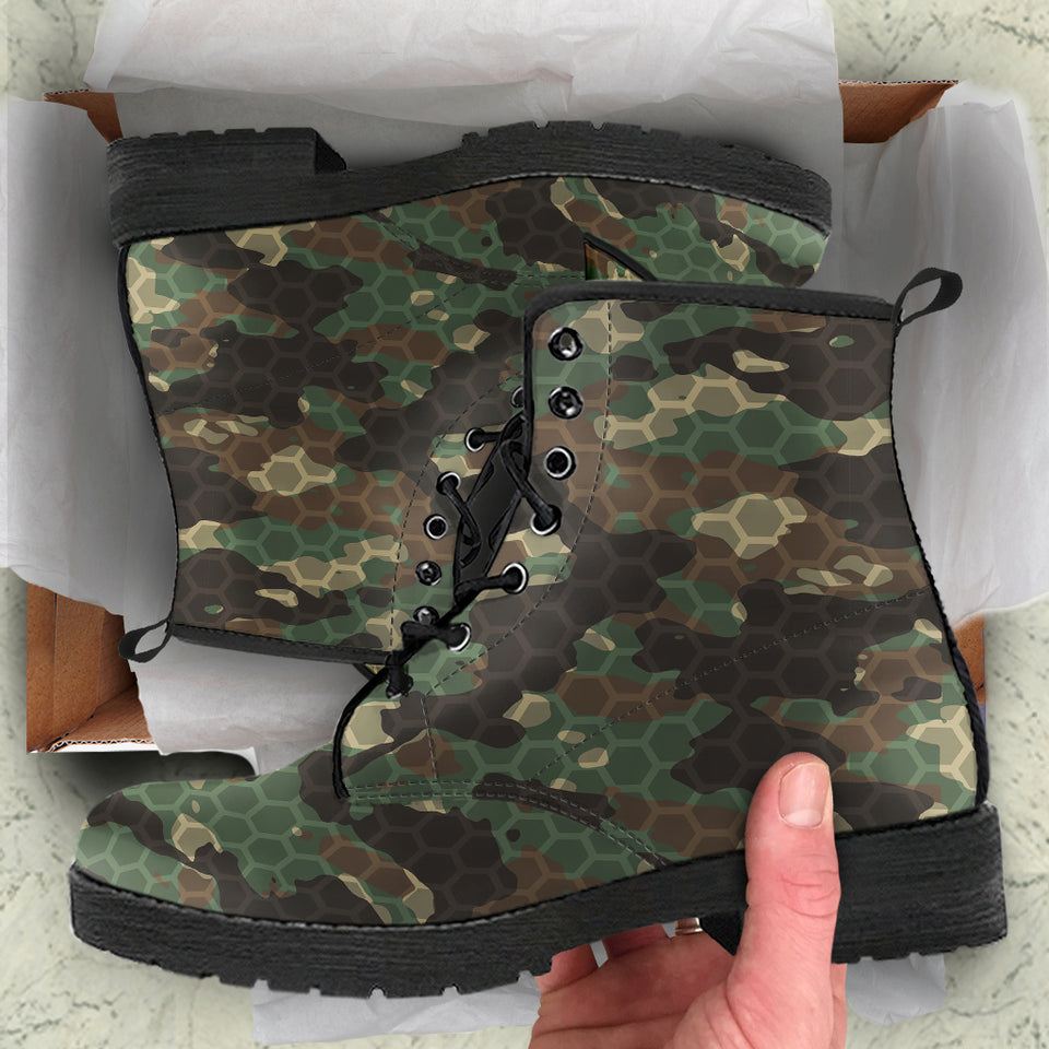 Green Camo Camouflage Honeycomb Pattern Leather Boots