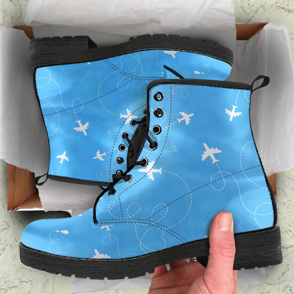 Airplane Pattern Blue Background Leather Boots