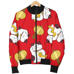 Meneki Neko Lucky Cat Pattern Red Theme Men Bomber Jacket