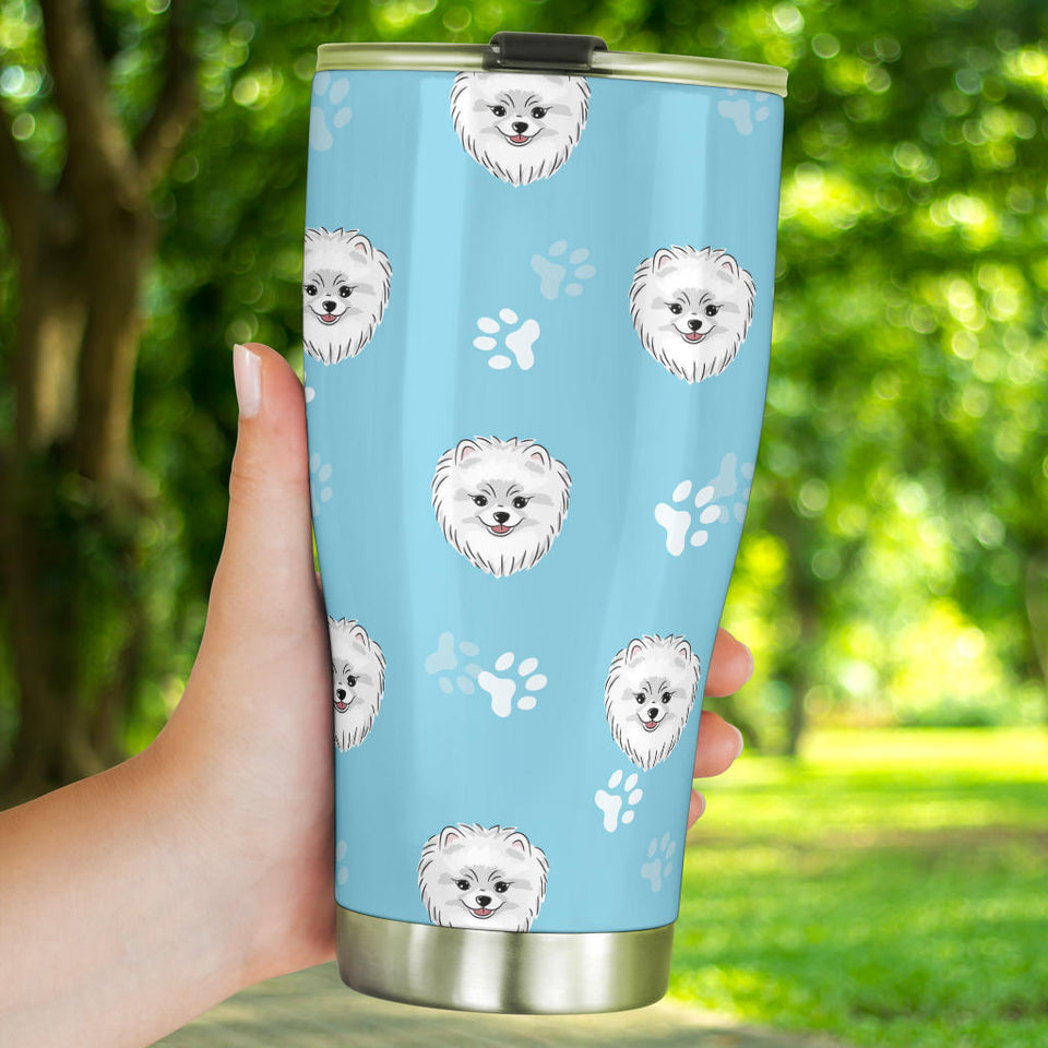 Pomeranian Pattern Blue Background Tumbler