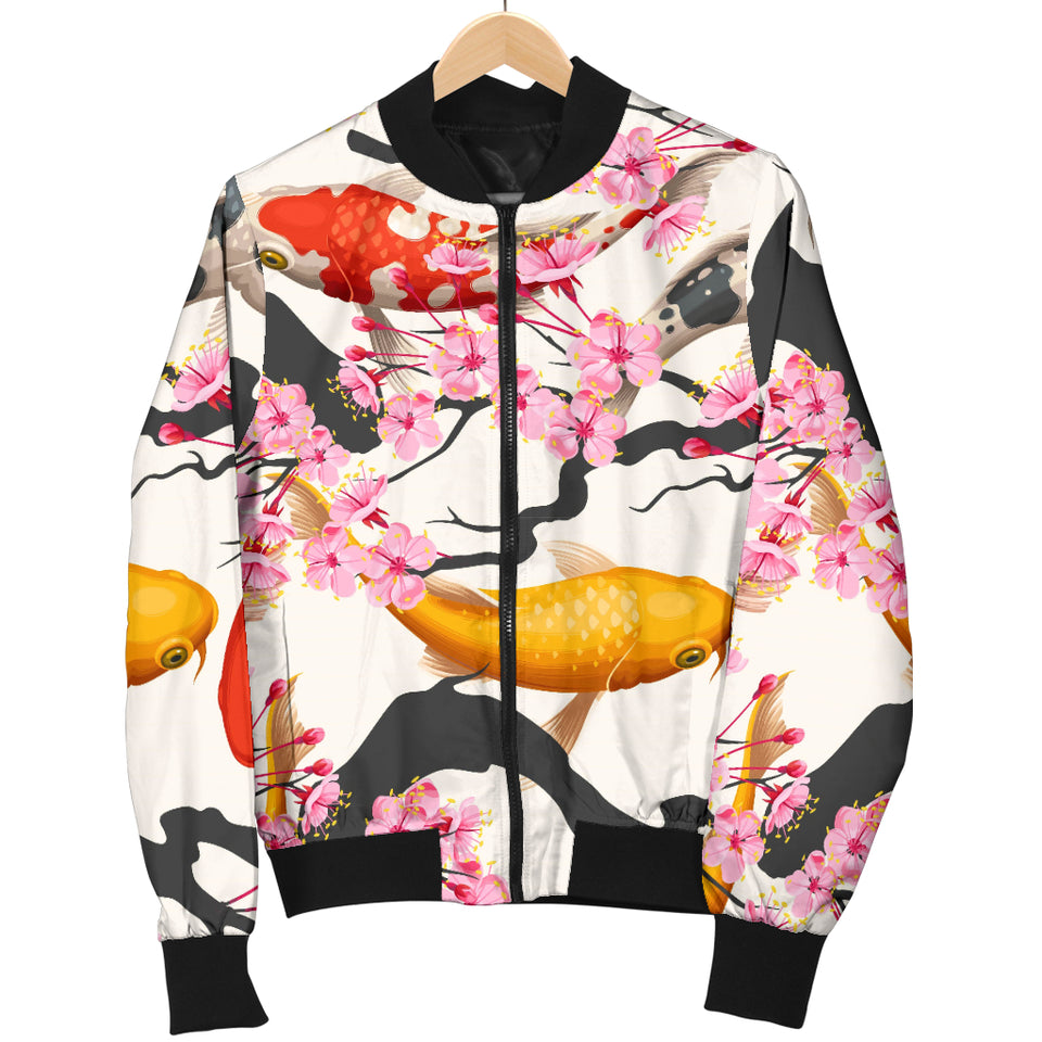 Colorful Koi Fish Carp Fish and Sakura Pattern Men Bomber Jacket