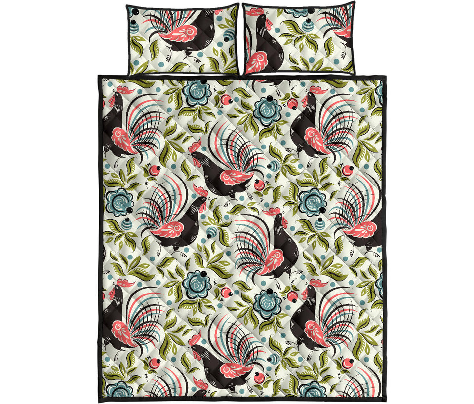 Rooster Chicken Leaves Pattern Quilt Bed Set