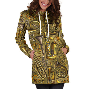 Saxophone Gold Pattern Women Hoodie Dress